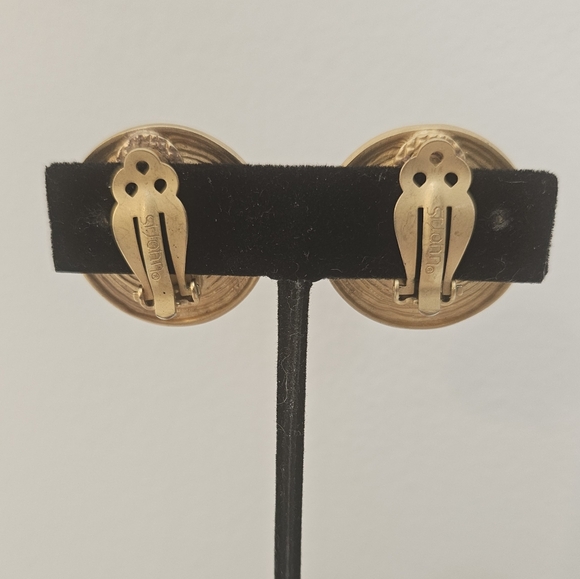 St. John gold tone black enamel earrings 1-1/4th in clip on - Picture 7 of 12